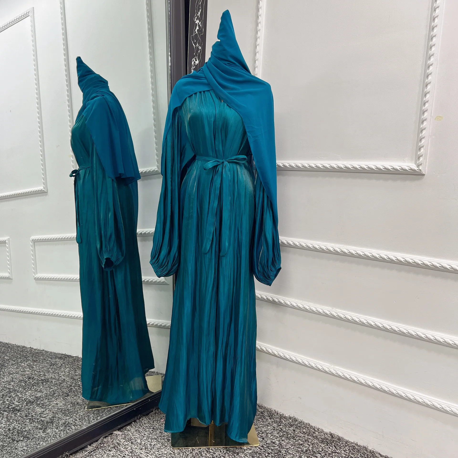 Silky Open Abaya Kimono Cardigan Summer Shiny Puff Sleeve Abayas for Women Dubai Turkey Muslim Hijab Dress Islam Clothes Kaftan