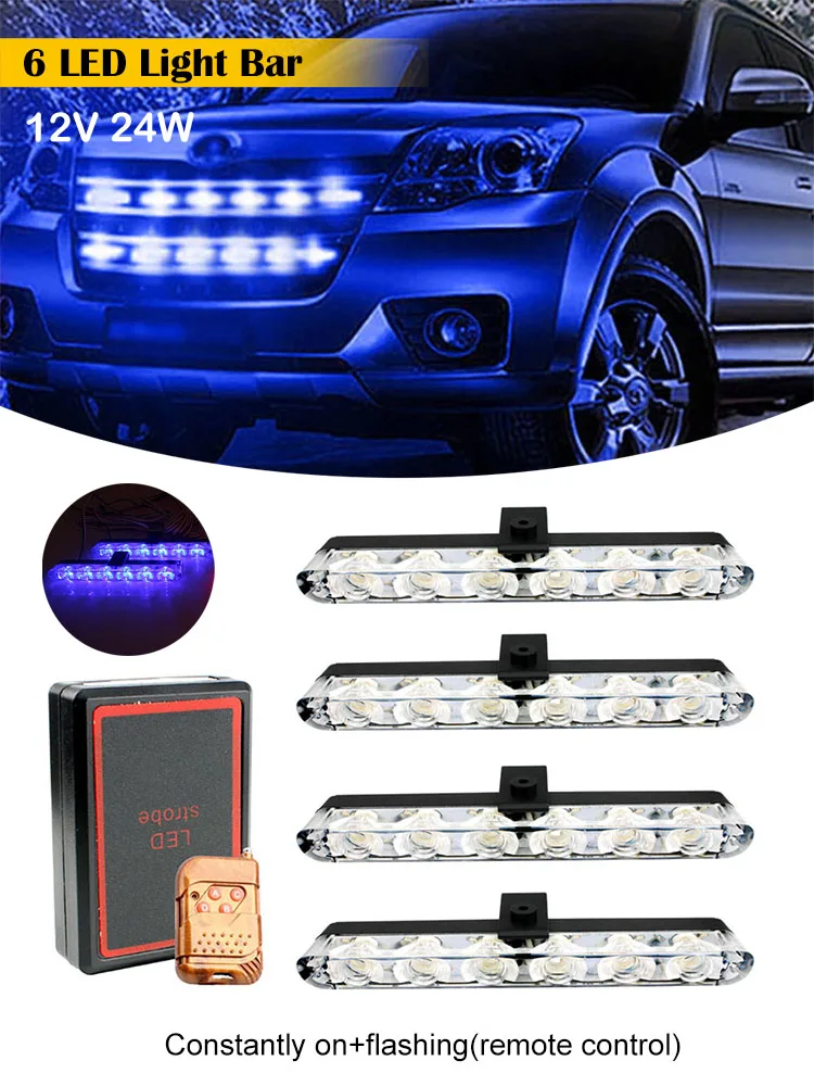

4x6LED Car Strobe Light Grille Light DRL Red Blue Flashing Emergency Warning Signal with Remote Control for Car Truck Trailer