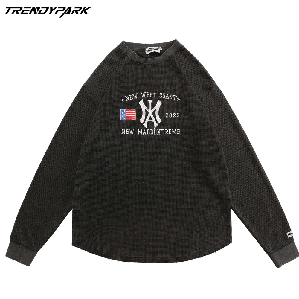 

Oversized T-shirt Embroidery Walf Checks Cotton O-neck Spring T Shirts Harajuku Streetwear Casual Full Sleeve T Shirt for Men