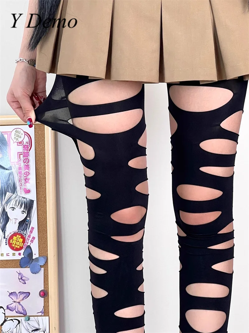 

Y Demo Harajuku Irregular Frayed Hollow Out Holes Stockings Gothic Y2K Women Thin Tights Streetwear