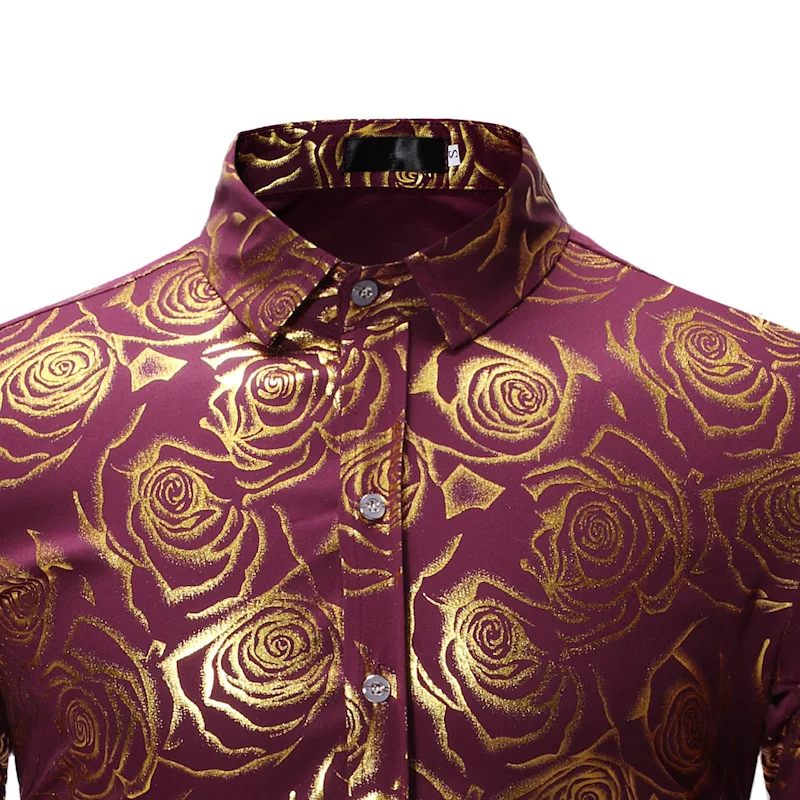 Mattswag Mens Wine Red Luxury Floral Gold Shiny Print Shirts Stylish Slim Long Sleeve Dress Shirts Party Prom Club Camisa Hombre