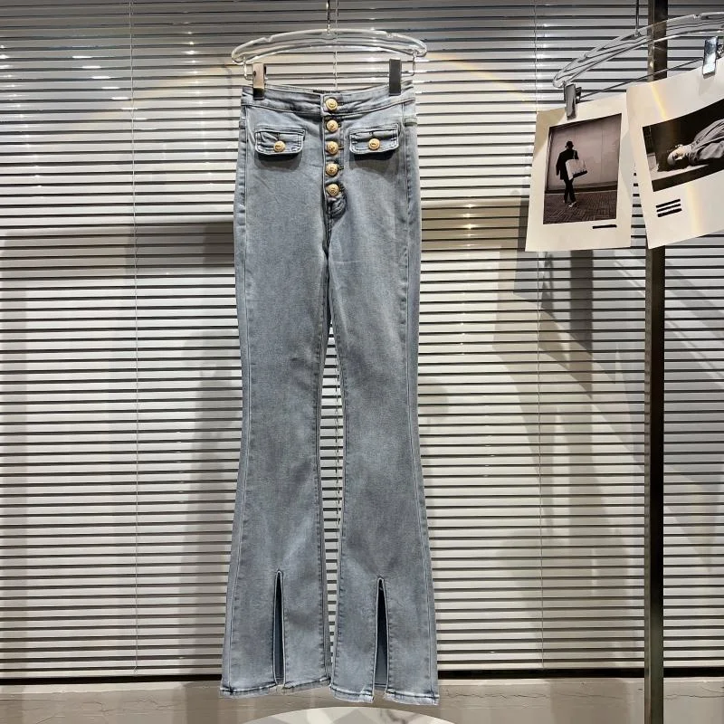 

Metal Buckle Double Pocket Waist Leg Slit Micro Flare Jeans Spring Summer Women Jeans