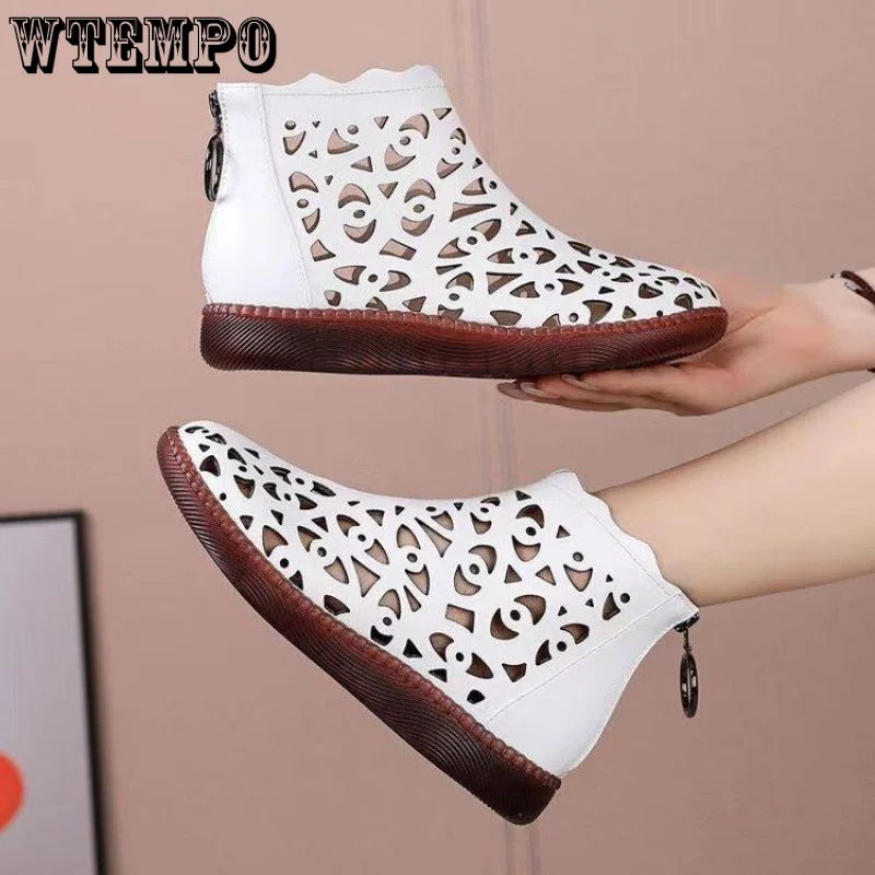 WTEMPO Summer Hollow Hole Sandals Women's Flat Roman Sandals Round Head Soft Bottom Large Short Boots Wholesale Dropshipping
