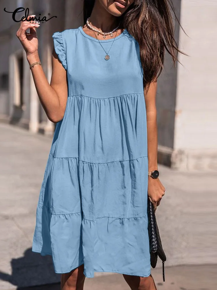 

Celmia Multi-layer Stitching Pleats Fashion Short Tank Dress Casual Street Style Loose 2022 Summer Mini Sundress O Neck Robes
