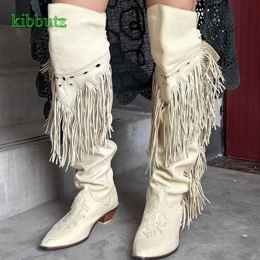 

Vintage Fringed Leather Boots,Pointed Toe Embroidered Over The Knee Boots Low Heel Boots Women Shoes2023 New Zapatos Para Mujere