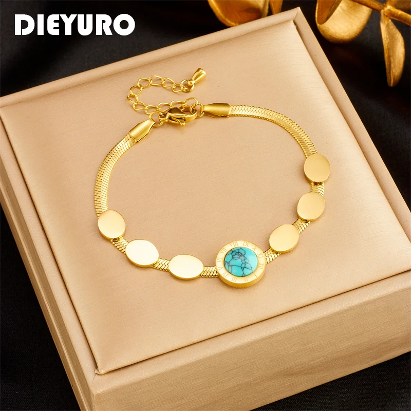 

DIEYURO 316L Stainless Steel Roman Numerals Green Stone Bracelet For Women New Fashion Flat Snake Chain Jewelry Birthday Gift