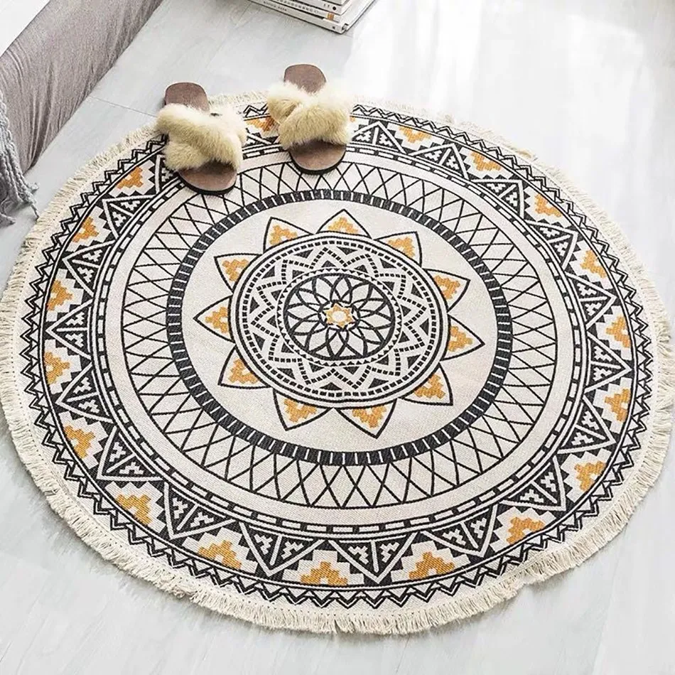 

Round Carpet Bohemian Knitting Cotton Linen Floor Mat Large Area Rugs and Carpets for Home Living Room Tassel 92cm/120cm/150cm