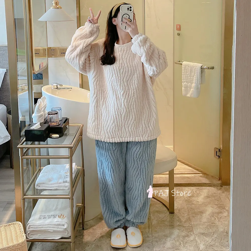 Women Contrast Color Winter Flannel Warm Pajamas Set Thickness Sleepwear Suit Soft Pajamas for Female Pant 2 Pieces Sweater