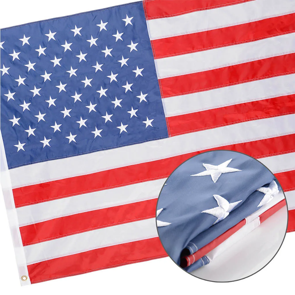 

House Mounted Flag Pole Kit Nylon American Flag Embroidery Star Sewing Striped Brass Ring Flag 6x10FT Snowflake Banner Garland