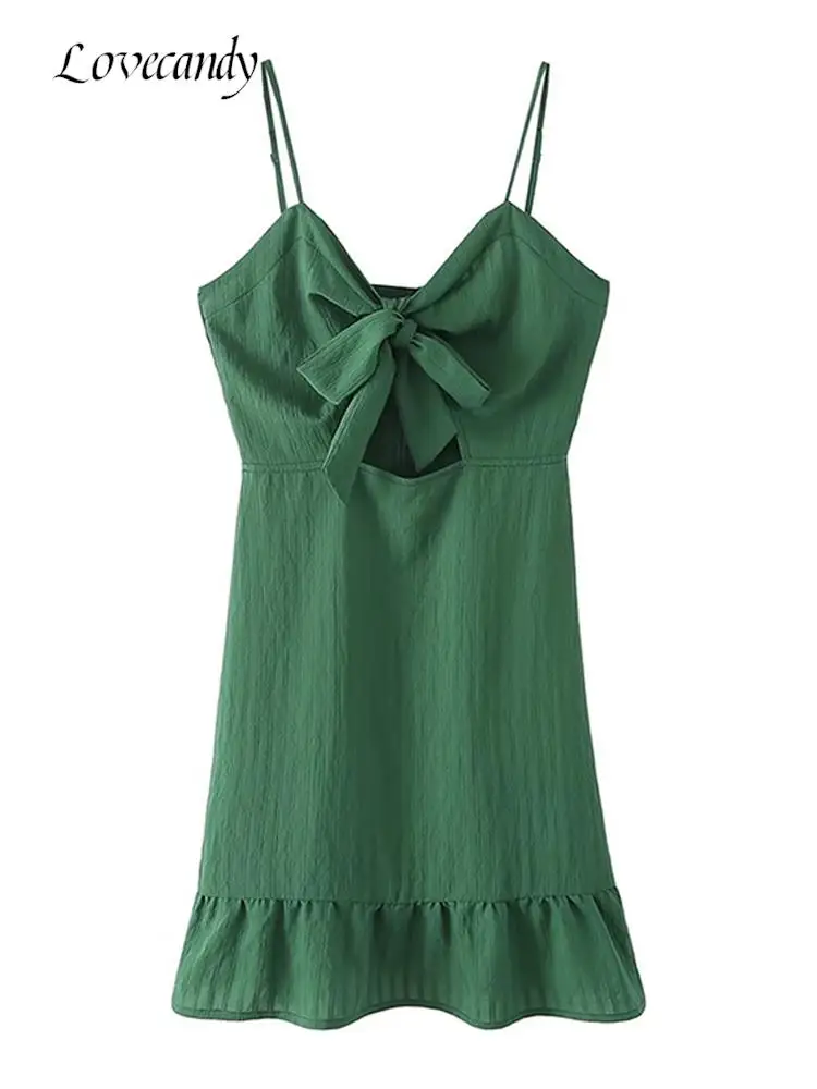 

Spaghetti Straps Bowknot Mini Dresses Lace Up Backless Hollow Out Ruffles Dress Ladies New Fashion Casual V-neck Vestidos