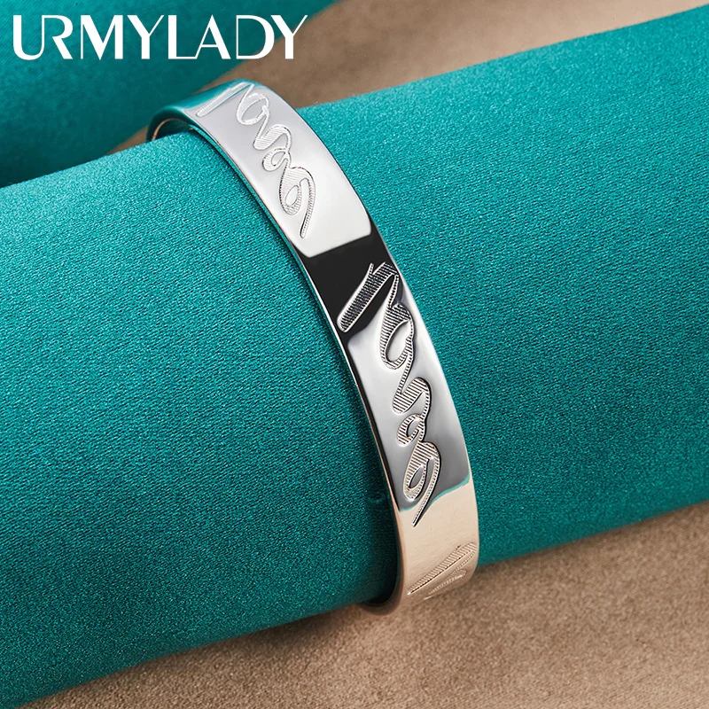

URMYLADY 925 Sterling Silver Smooth Engraving Words Bangles Bracelet For Women Wedding Engagement Fashion Charm Jewelry