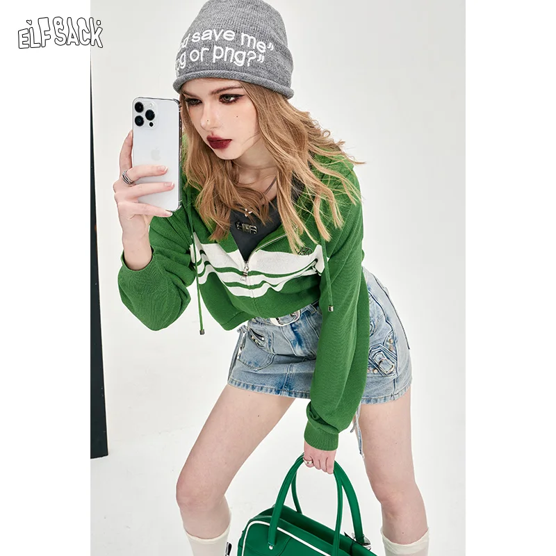 Вязаная толстовка ELFSACK в стиле преппи кардиган топы на молнии полоску женские