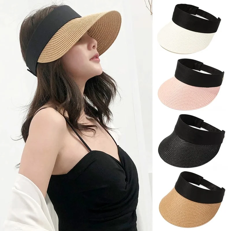 

Summer Empty Top Suncap Portable Foldable Magic Tape Roll-up Beach Hat Wide Brim Women Sun Hat Fashion Casual Straw Cap Visors