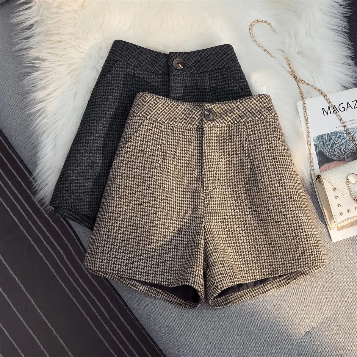 

2022 Winter Wool Shorts Women Korean High Waist Plaid Wide Leg Short Pants Femme Casual Loose Boots Breechcloth OuterWear Q688