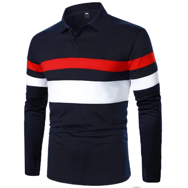 New Men's Spring and Autumn Chest Two-color Stitching Long-sleeved Lapel T-shirt Thin European Size Long-sleeved Polo Shirt images - 6