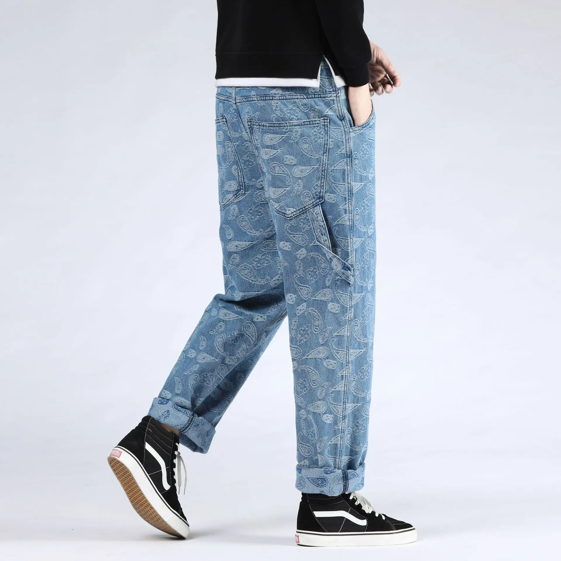 Baggy Jacquard Jeans Trousers Male Wide Leg Denim Pants Harajuku Print Men's Loose Casual Streetwear Hip Hop Trousers Plus Size