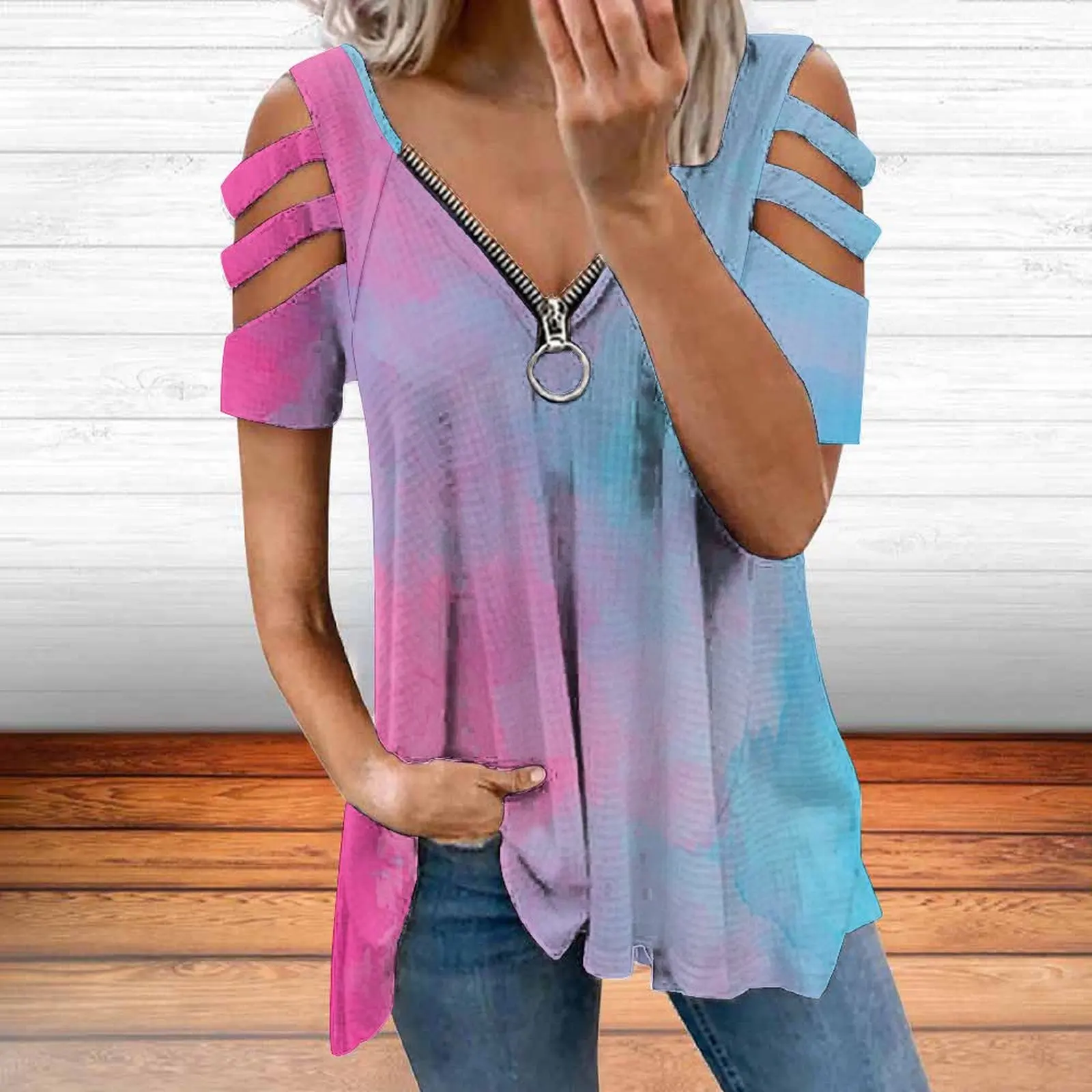 

2022 Fall Women's Cutout Tops Floral Print Casual Loose Plus Size T-Shirts Pullovers V-Neck Short Sleeves Women's T-Shirts