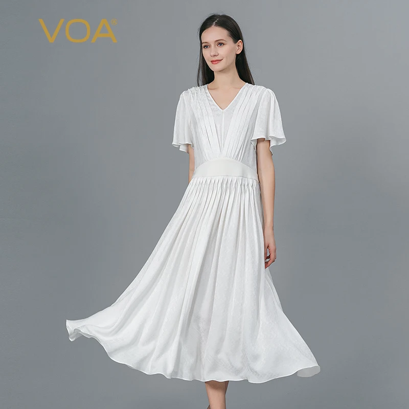 

VOA 22 Momme Jacquard Mulberry Silk Dresses Women V-neck Three-dimensional Decoration Butterfly Short Sleeves White Dress AE1656