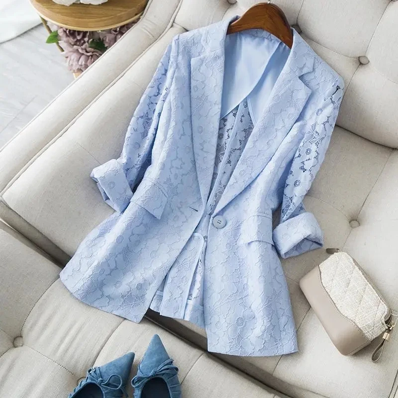 V-neck Blue Women Blazer 2022 New Elegant Lace Hollow Out Thin Summer Blazers Lady Office Suit Jackets Coat Slim Tops
