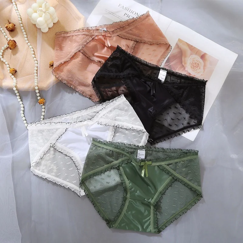 

Women Seamless Silk Bow Panties Sexy Transparent Lace Lingerie Female Low Waist Fitness Briefs Underwear Cotton Crotch Tangas