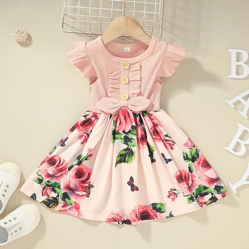 

Girls Ribbed Floral Dress Cute Sleeveless Crew Neck Print Bow Front Tutu Dress Casual Party Princess Dress Girls Summer Clothes