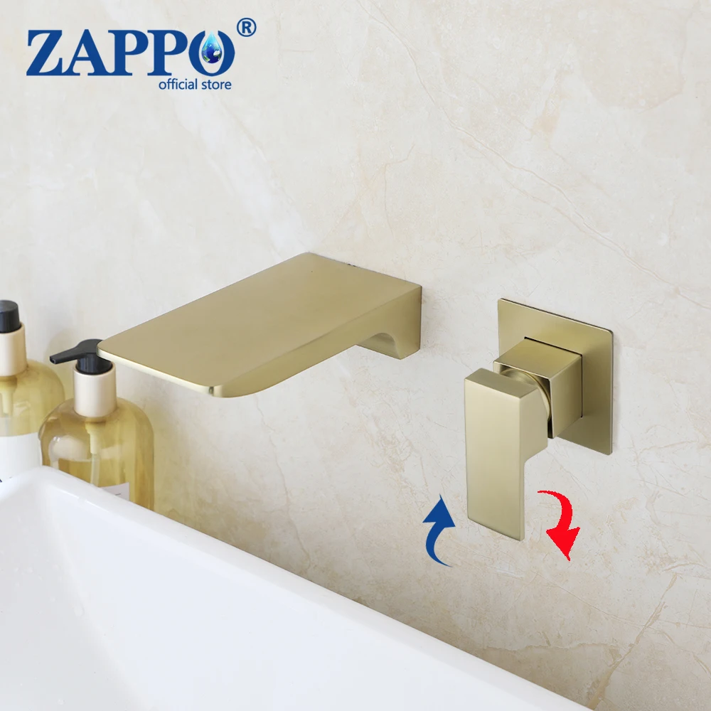 

ZAPPO Luxury Brushed Gold Bathtub Faucets Solid Brass Bathroom Basin Sink Tap Wall Mounted Waterfall Mixer Embedded Box Faucet