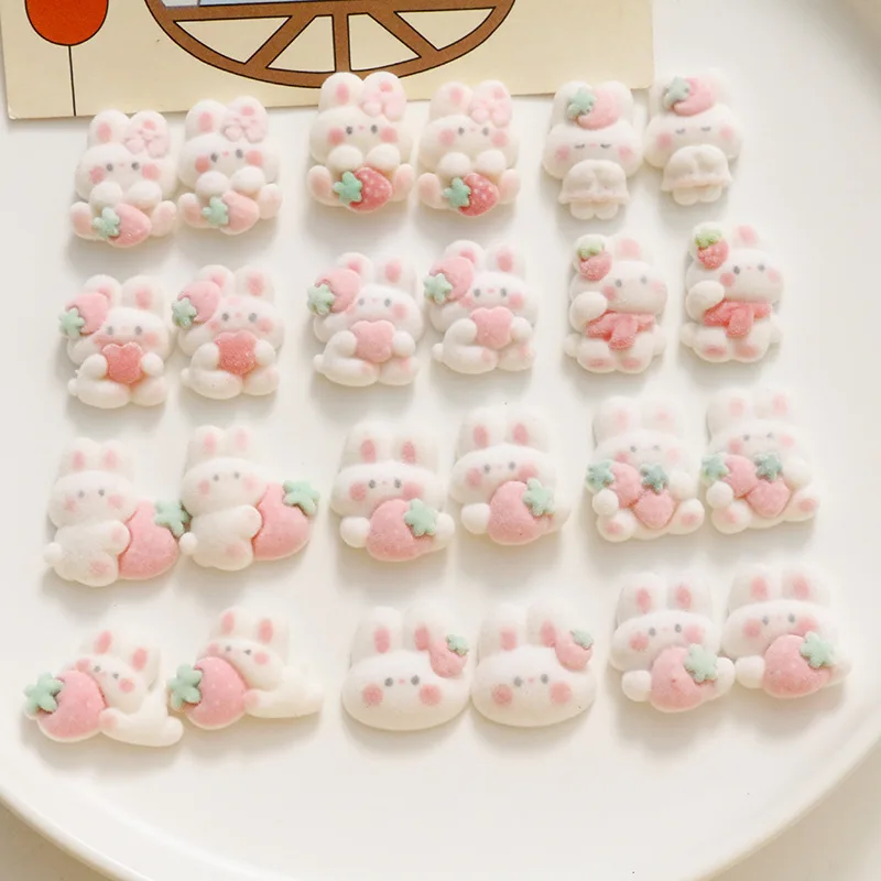 

100pcs Kawaii Animals Cartoon Flocking Rabbit Bear Flatback Resin Cabochons For Scrapbooking Crafts DIY Hair Bows Accessories