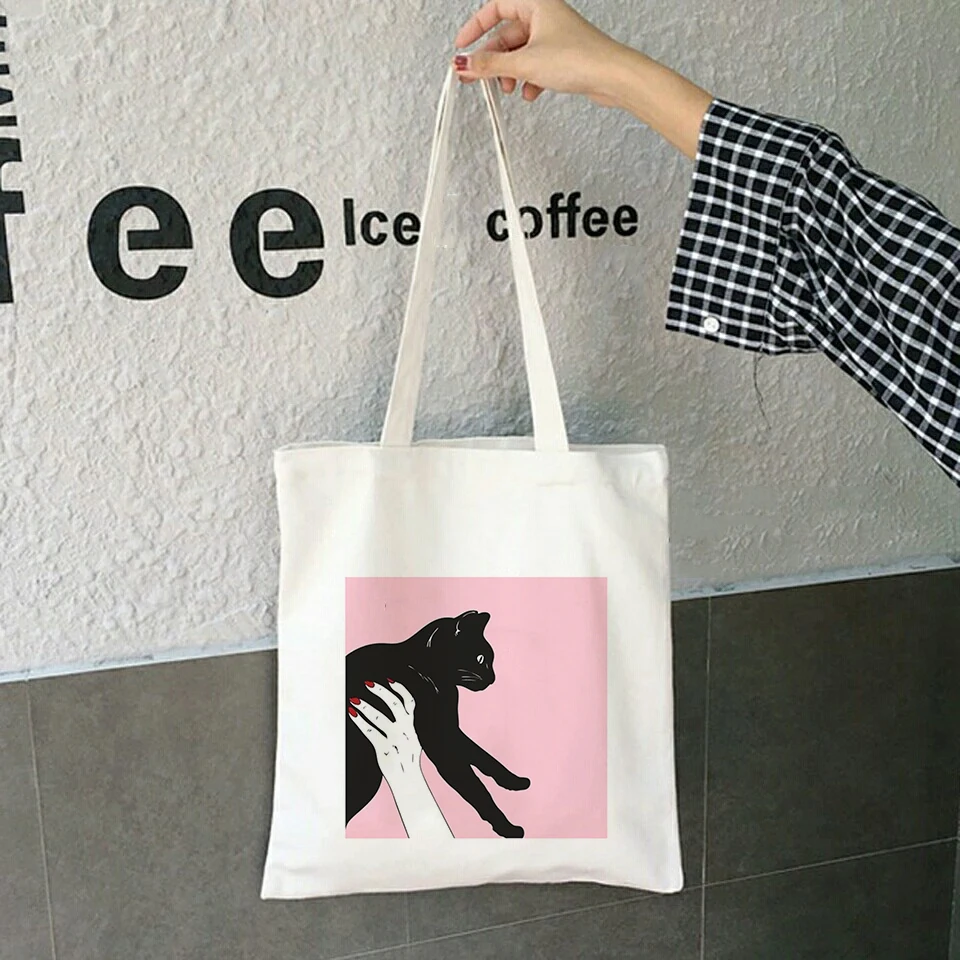 

Funny Black Cat Print Women Canvas Shoulder Bag Graphic Shopping Bags 90s Fashion Ulzzang Harajuku Kawaii Handbags Tote