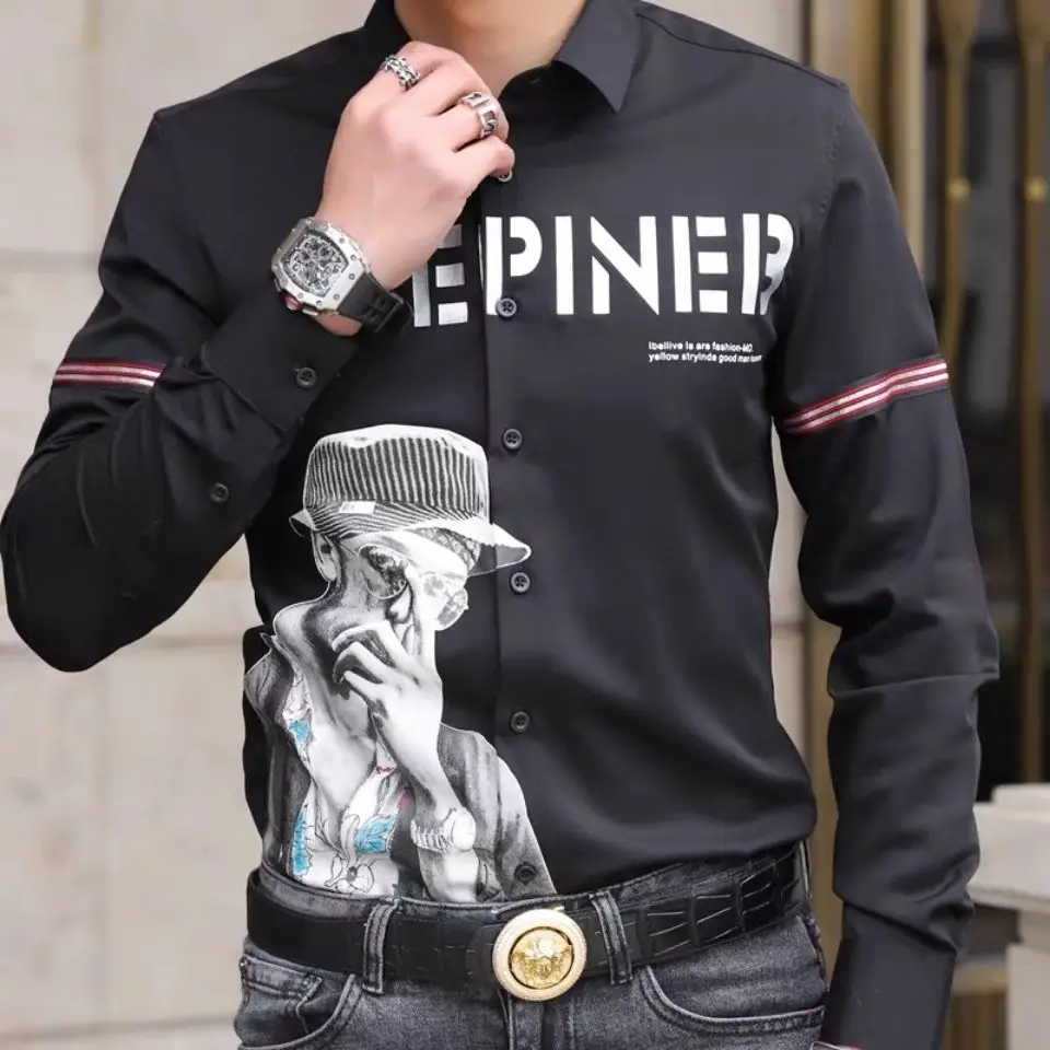 

Men shirt Long sleeve Spring and Autumn Personalized Letter Pattern French Shirt and blouses Fashionable Handsome Men's Clothing