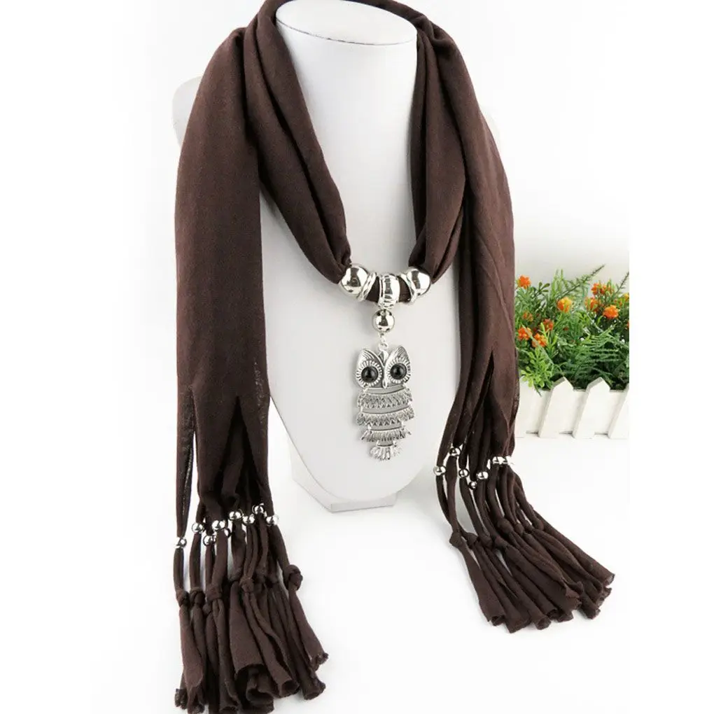 Woman's Classic Owl Pendant Jewelry Scarf Necklace Scarf Fringed Long Scarf