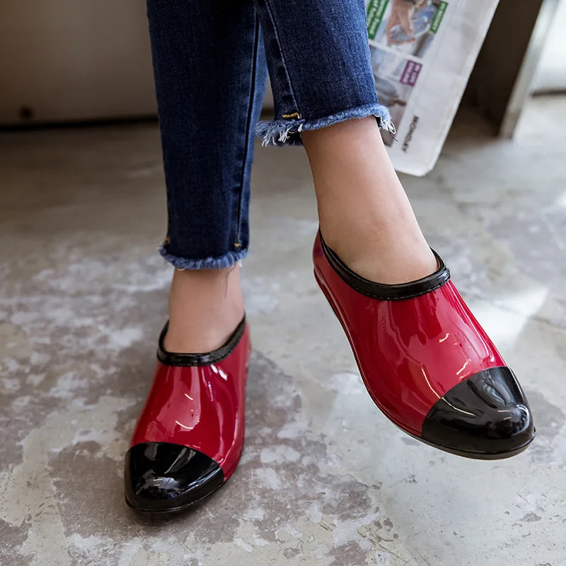 

Fashion Low PVC Rain Shoes Women Student All Seasons 3cm Square Heel Water-Proof Shoes Ladies Outdoor All-Match Cozy Slip-Ons