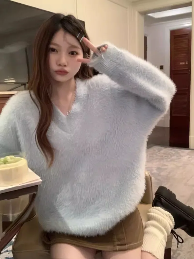 ga sweter damski jesienno-zimowy modny dekolt w serek jednolity luźny Vintage ciepły szykowny stylu francuskim dzianina