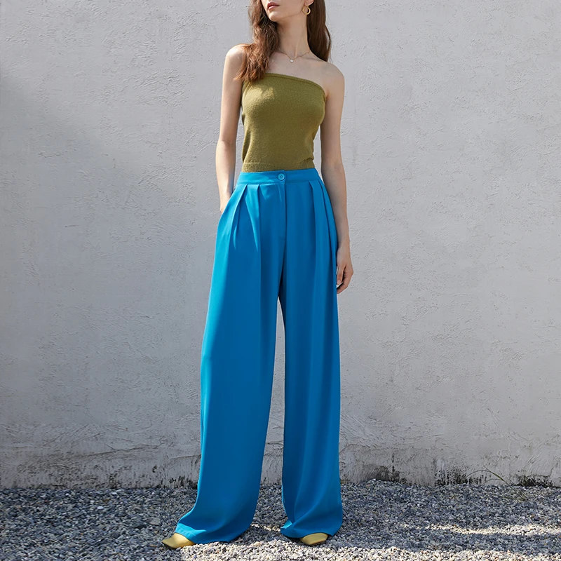 Klein Blue High Waist Wide Leg Pants Women's Autumn New Straight Casual Suit Pants Floor Pants