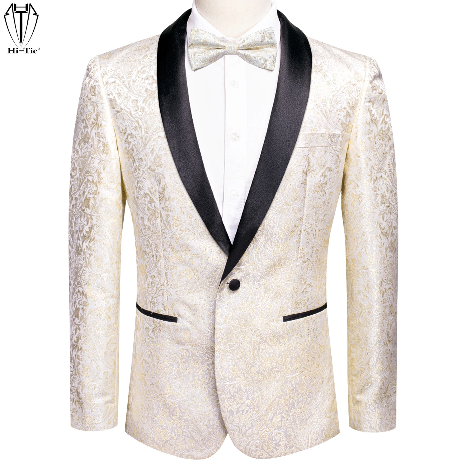 Hi-Tie Jacquard Beige Mens Suit Shawl Collar Tuxedo Blazers Slim Fit Jacket Coat With Bowtie Hanky For Wedding Banquet Stylish
