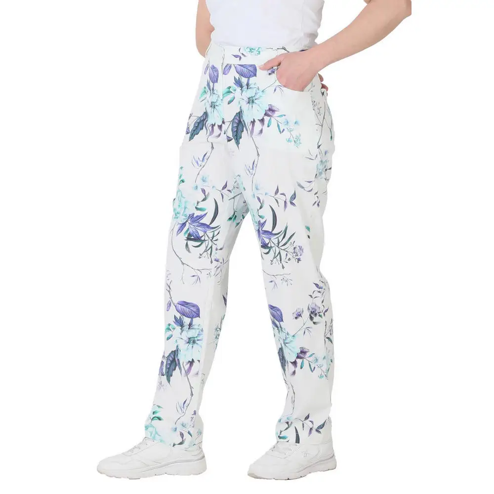 Fierte Women Large Size Pants CcEin Linen High Waist Straight Trotting Zipper Closure Sports Pocket Flower Pattern Summer Spring Slim Casual
