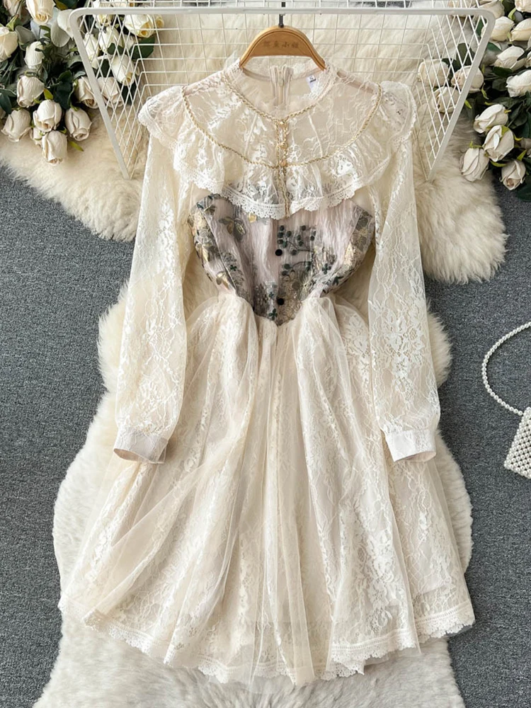 

FTLZZ Spring Summer Elegant Women Stand Collar Puff Sleeve Knee-Length Casual Lady Lace Mesh Embroidery Floral Print Dress