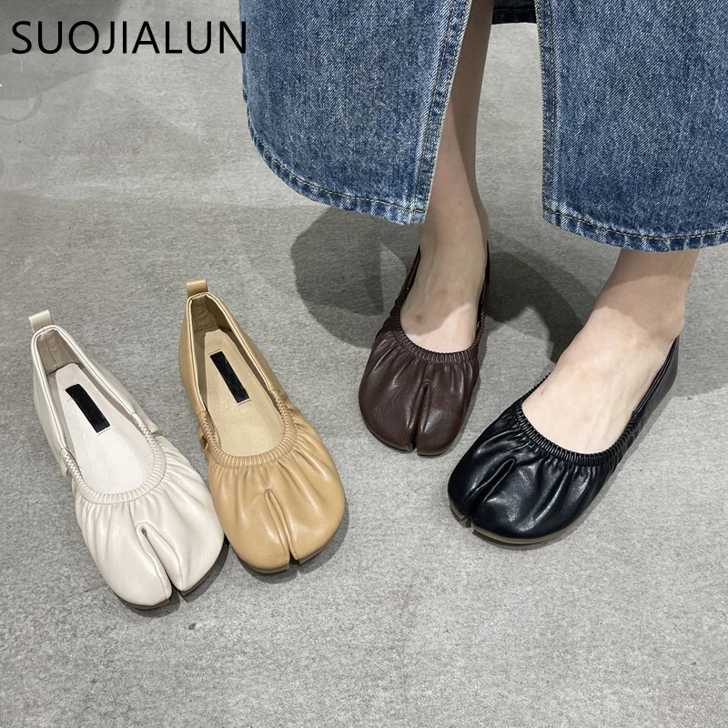

SUOJIALUN 2022 Autumn Flat Heel Women Shoes Fashion Split Toe Shallow Slip On Ladies Casaul Ballet Shoes Soft Sole Loafer Mujer
