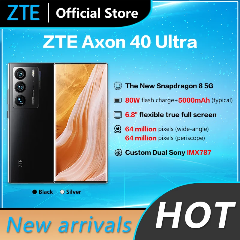 ZTE Axon 40 Ultra 5G SmartPhone 6.8 inch 120Hz flexible Curved Under Display Camera Snapdagon 8 Gen 1 Ocat Core 80W Quick Charge