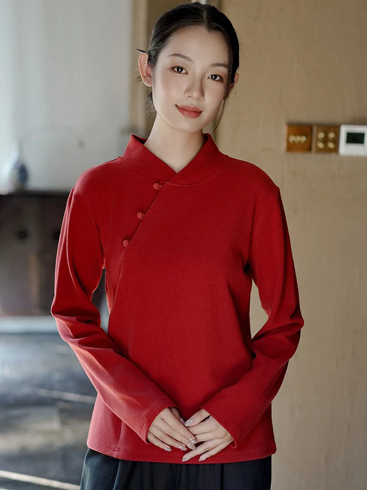 Рубашка в китайском стиле женские зимние топы с воротником-стойкой многослойные