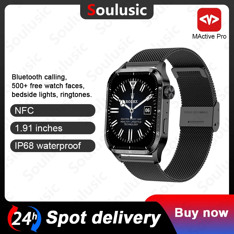 

Soulusic 1.91 Inches Nfc Smart Watch Men Bluetooth Call Ip68 Waterproof Heart Rate Blood Oxygen Smartwatch for Iphone Android