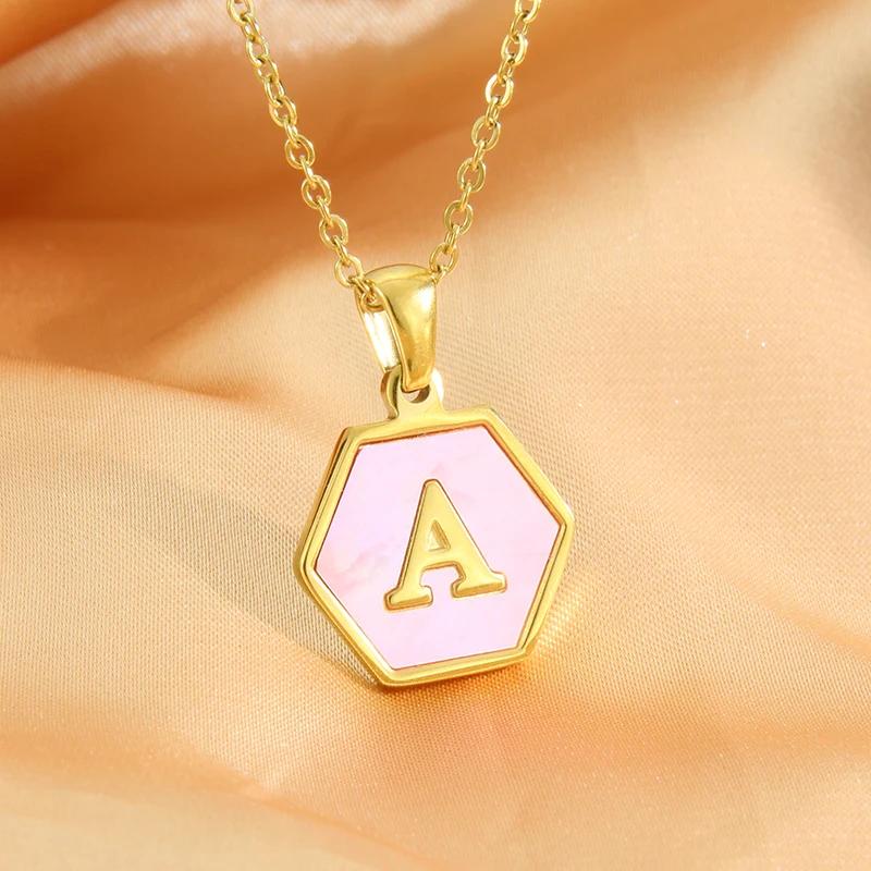 

MHS.SUN Hexagon Stainless Steel Pink Shell Letter Pendant Necklace Gold Plated Inital Alphabet A-Z Choker Fashion Jewelry