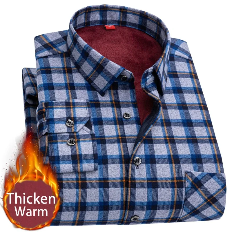 

Autumn Winter Mens Long Sleeve Plaid Warm Thicking Fleece Lined Shirt Fashion Soft Casual Flannel Shirt Plus Big Size L-5XL