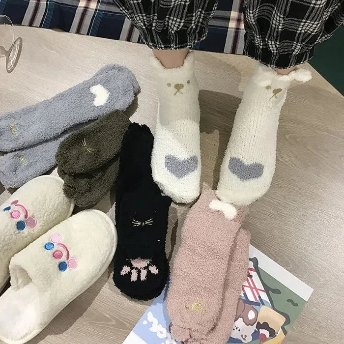 Yasuk Autumn Winter Women's Fashion Cute Comfortable Heigh Tube Stocking Socks Warm Thick Flannel Kawaii Sweet Print Sleep 5Pcs