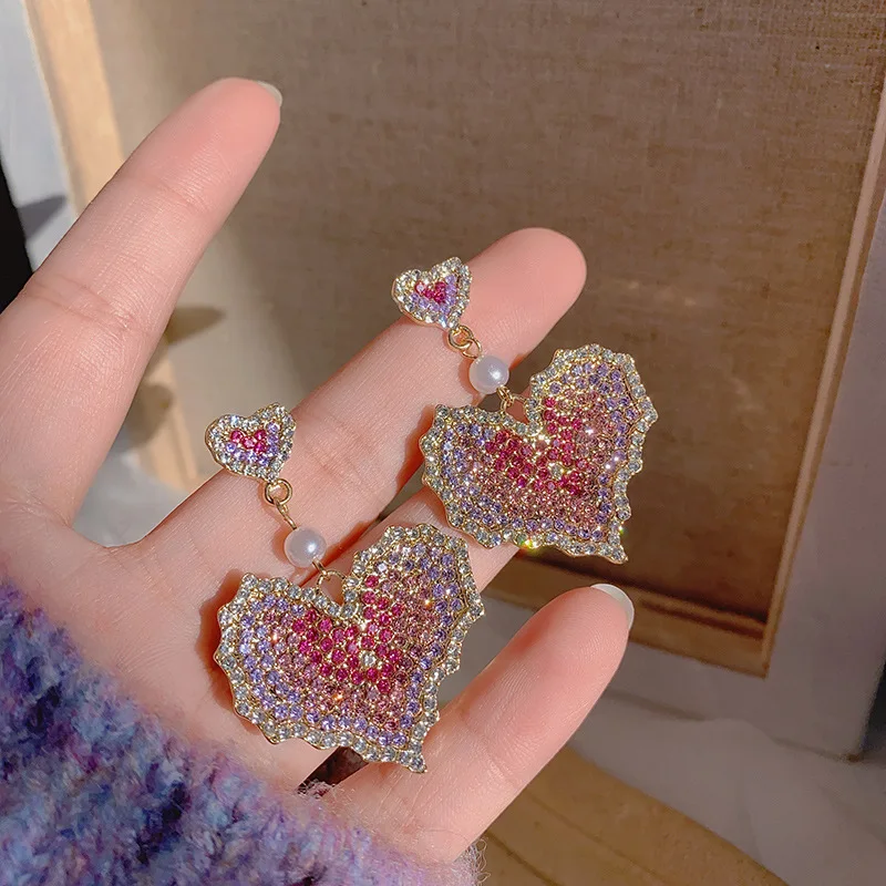 

New Heart Earrings Color Women's Luxurious Geometric Full Rhinestone Earrings Korean Love 2022 Fashion Jewelry