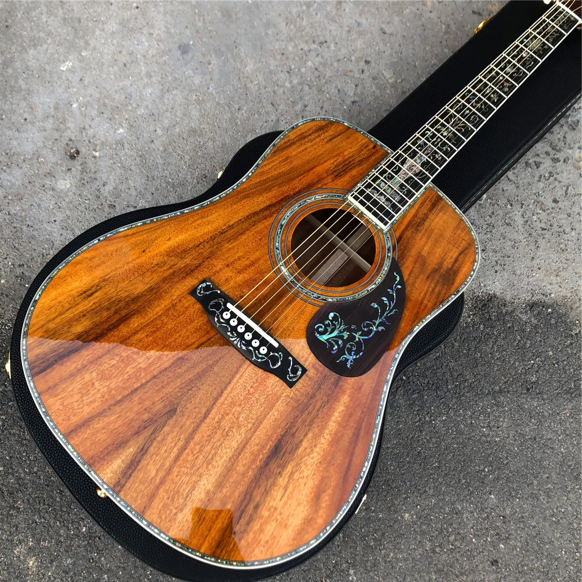 

Abalone Ebony Fingerboard All Koa Wood D Body Acousitc Guitar