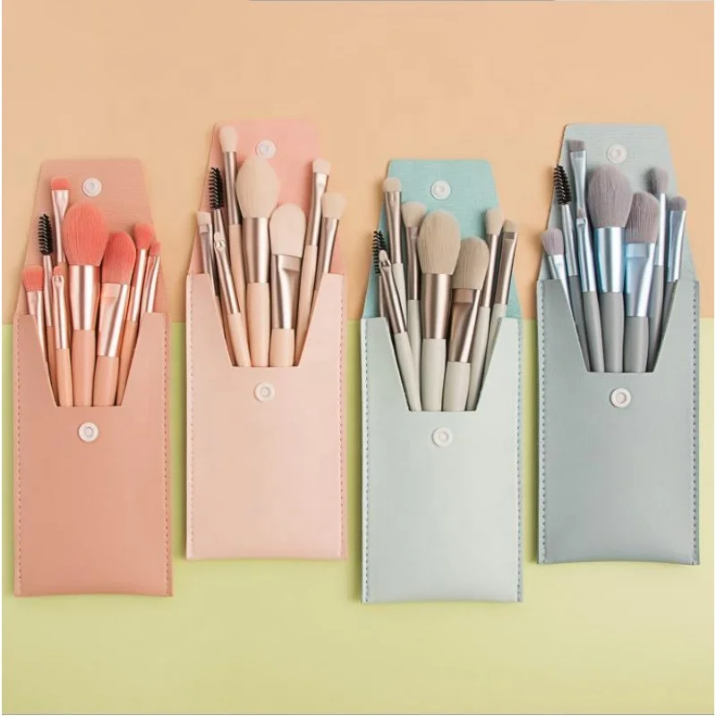 

Luxury Mini Macarons In Four Colors 8pcs Vegan High end Private custom label makeup brush set with PU bag