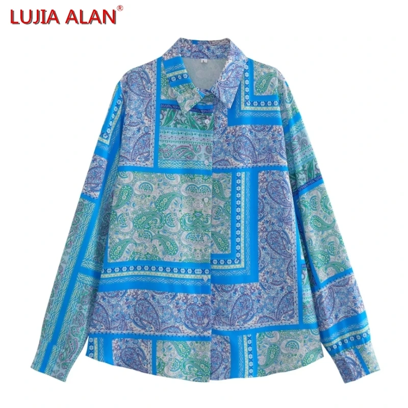 

Летняя новая женская рубашка с принтом в стиле пэчворк, женская блузка с длинным рукавом, повседневные свободные топы, LUJIA ALAN B2131