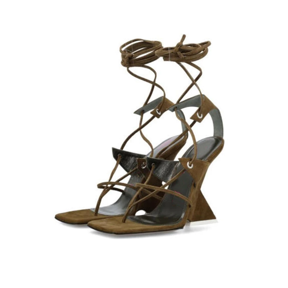 Summer New Women Fashion Square Clip Toe Lace-Up Ankle Strap Sandals Strange High Heels Cut-Outs Narrow Band Shoes Big Size 43