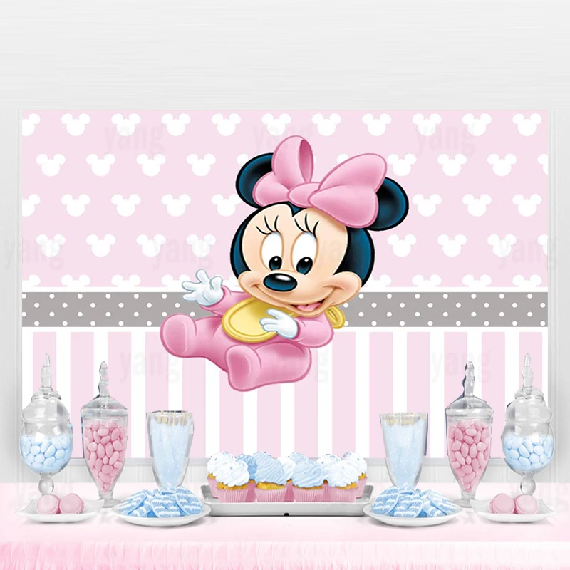 

Disney Cute Pink White Polka Dots Minnie Mouse Background Birthday Vinyl Baby Shower Backdrop Girls Party Decoration Banner