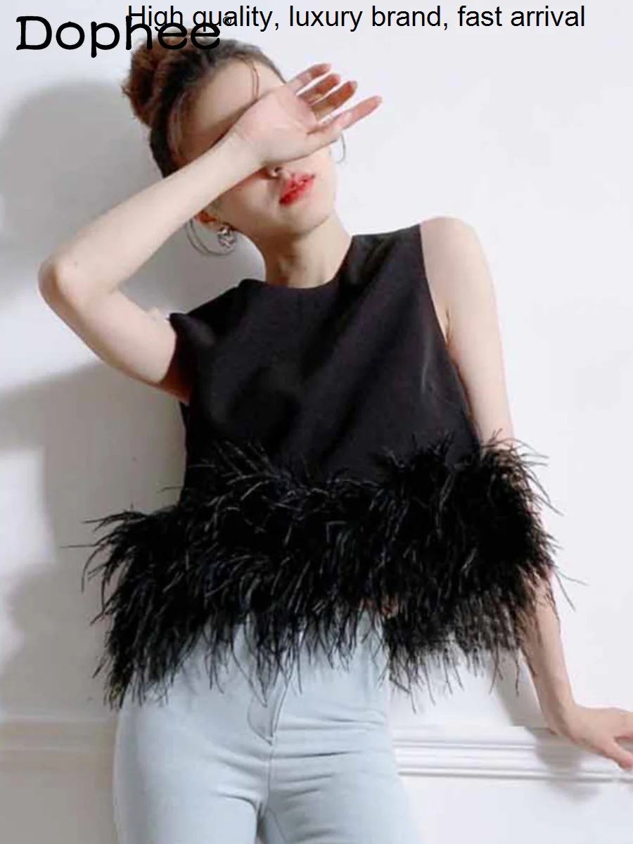 

Tassel Heavy Industry Ostrich Slim-Fitting Vest Outer Wear Tank Women Summer Autumn White Feather Camisole Crop Top